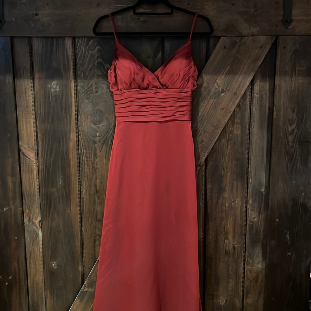 Belsoie Crimson Red skinny strap gown with small train